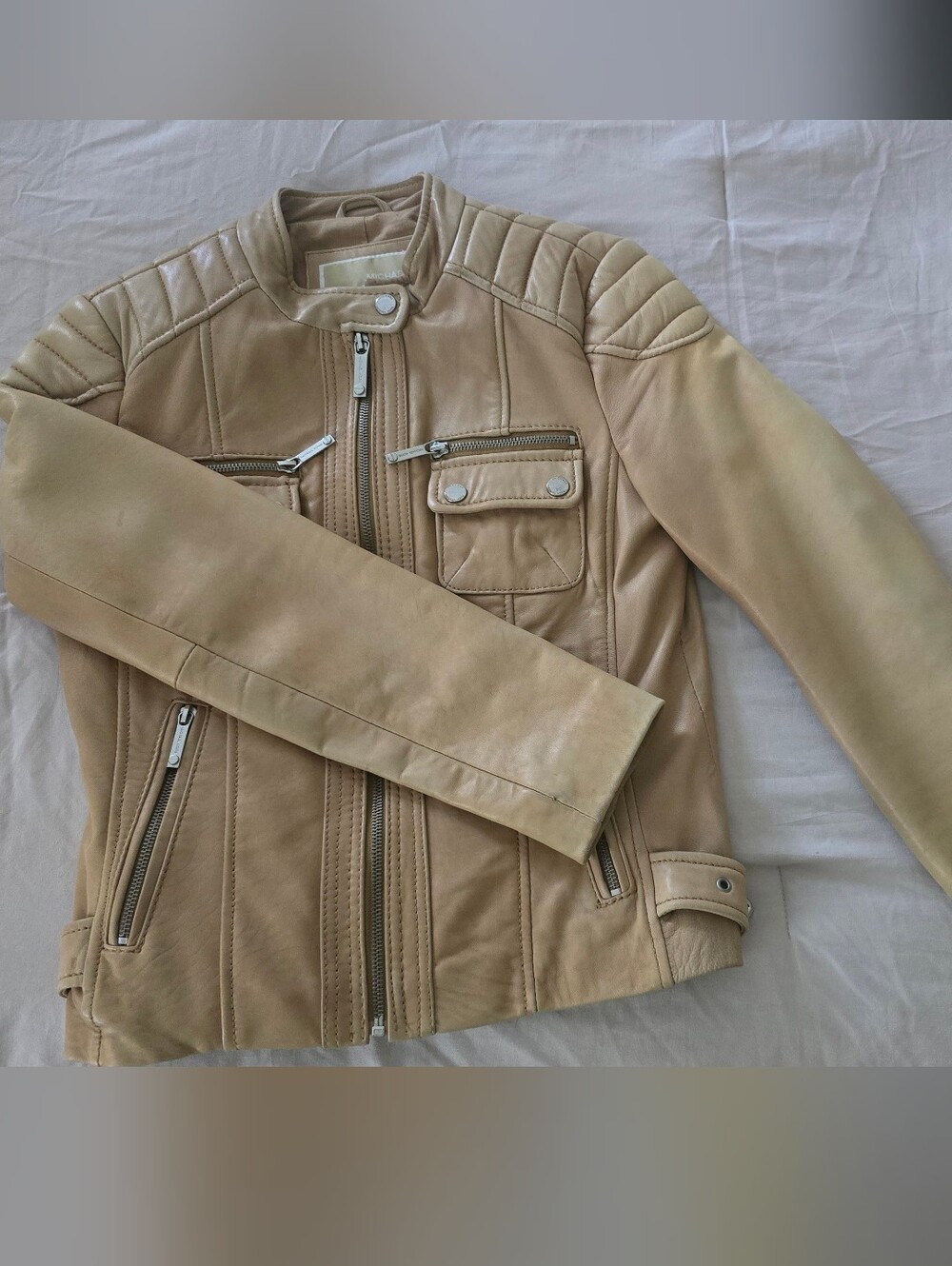 MICHAEL Michael Kors Tan Leather Moto Jacket with Quilted Shoulders
